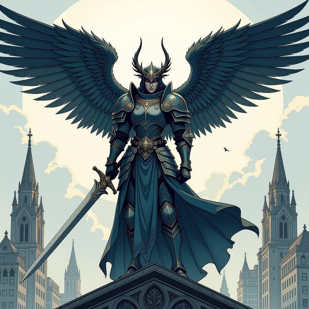 Angelic Warrior on Gothic Rooftop in Manga Style