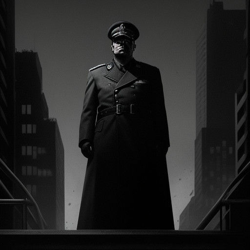 Authoritarian Leader Dominates Dark, Gritty Cityscape