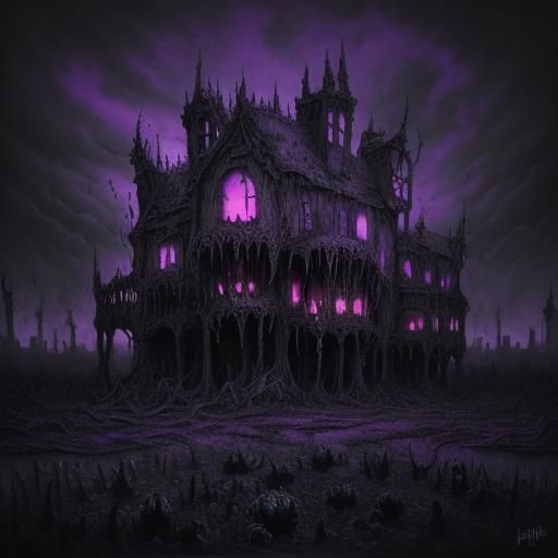 Surreal Farmhouse with Rotting Mouth in Lovecraftian Horror