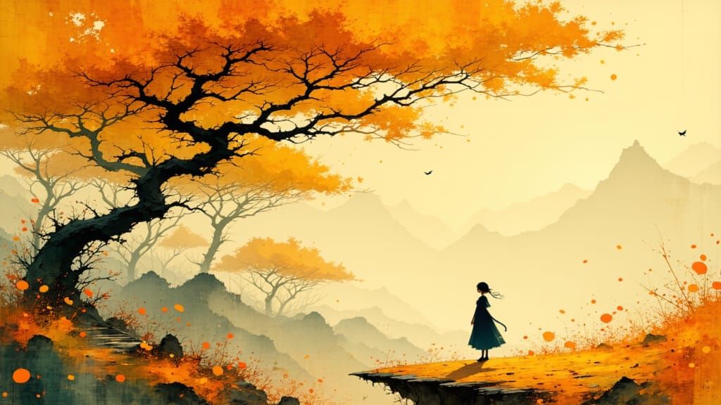 Woman in Autumn Landscape, Art Nouveau Style