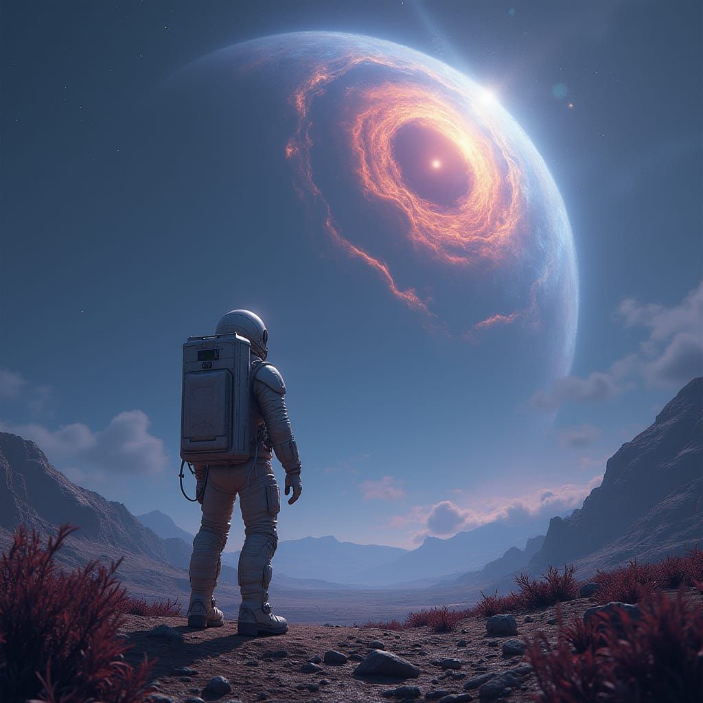 Astronaut on Alien Planet Gazing at Nebula