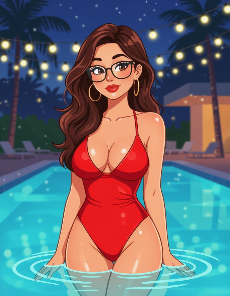 Four-Color Line Art: Brunette at Night Pool