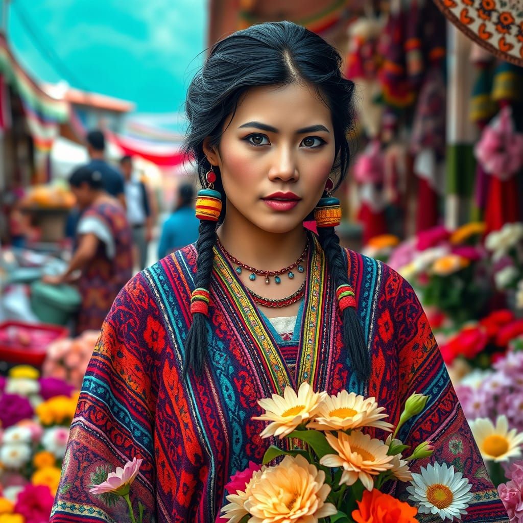 Exotic Andean Market Woman in Vibrant Poncho