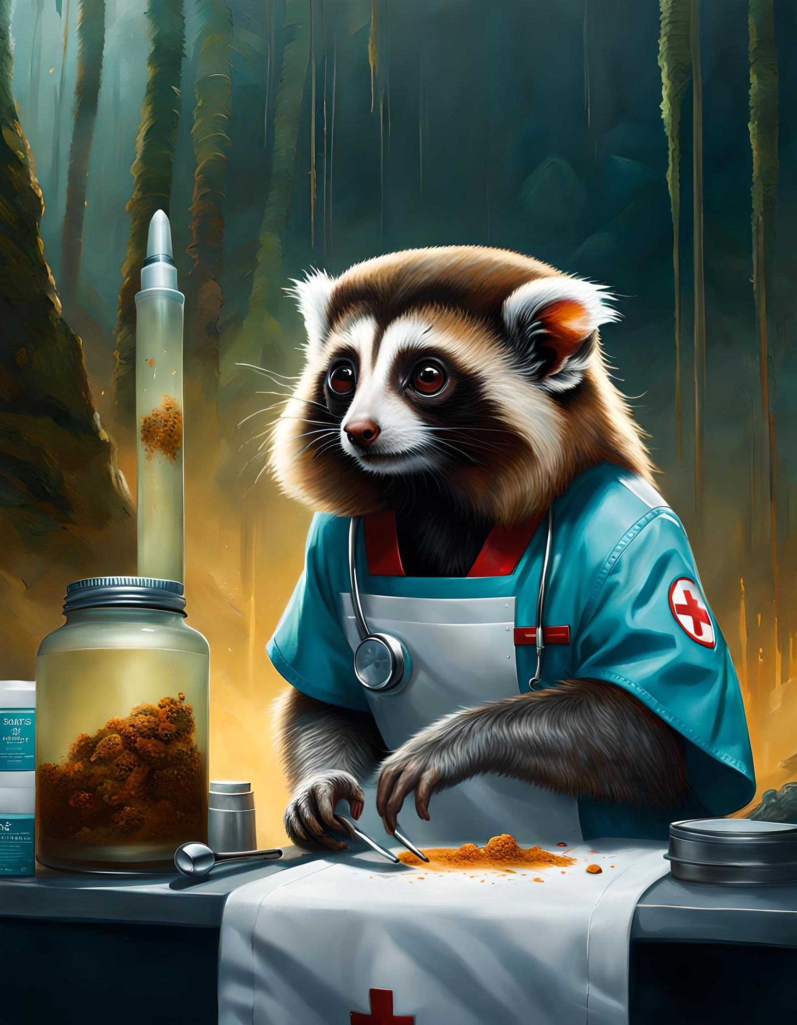 Horrific Hospital Scene in Irezumi Oil Painting Style