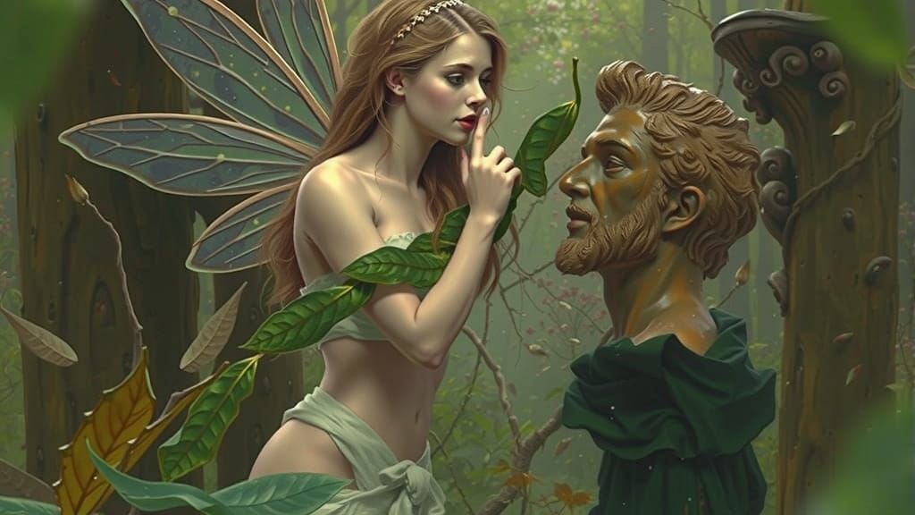 Fairy Woman Touches Adonis Statue in Enchanted Forest