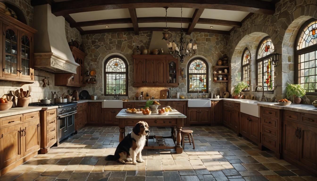 Renaissance Revival Fantasy Kitchen with Stained Glass