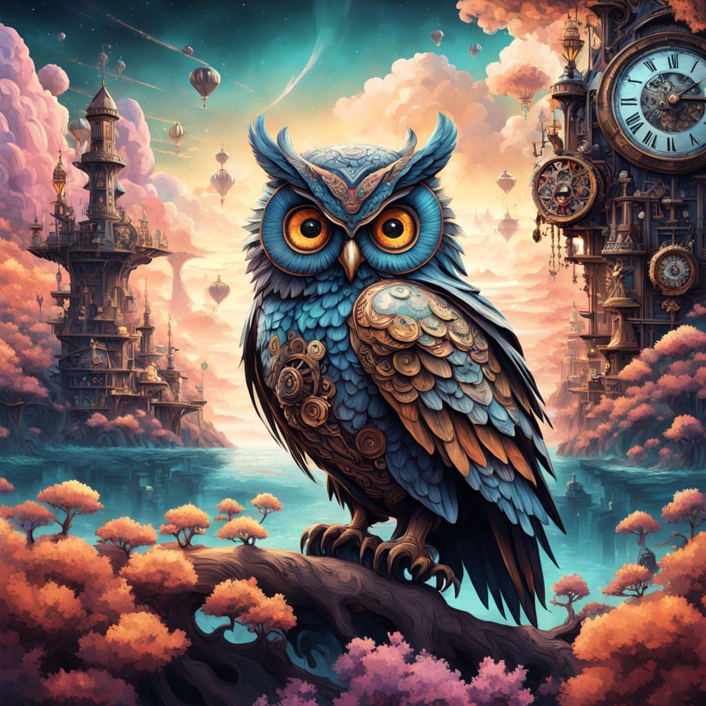 Clockwork Owl in Surreal Nebula Landscape