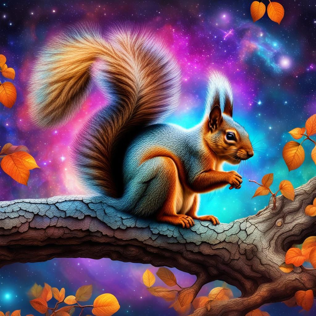 Squirrel on Branch: Holographic Astral Illustration