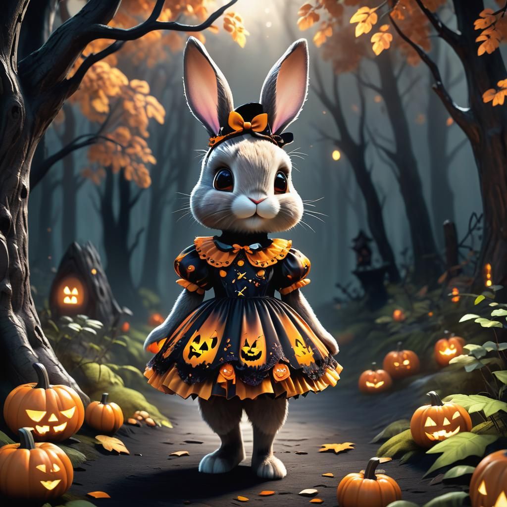 Cute Halloween Bunny in Spooky Forest: 3D Rendering