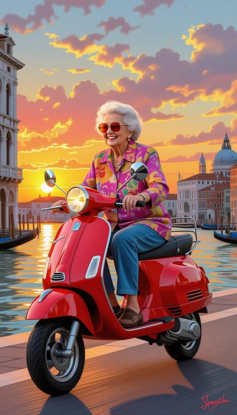Old Lady Rides Scooter in Venice Sunset, Digital Oil Paintin...