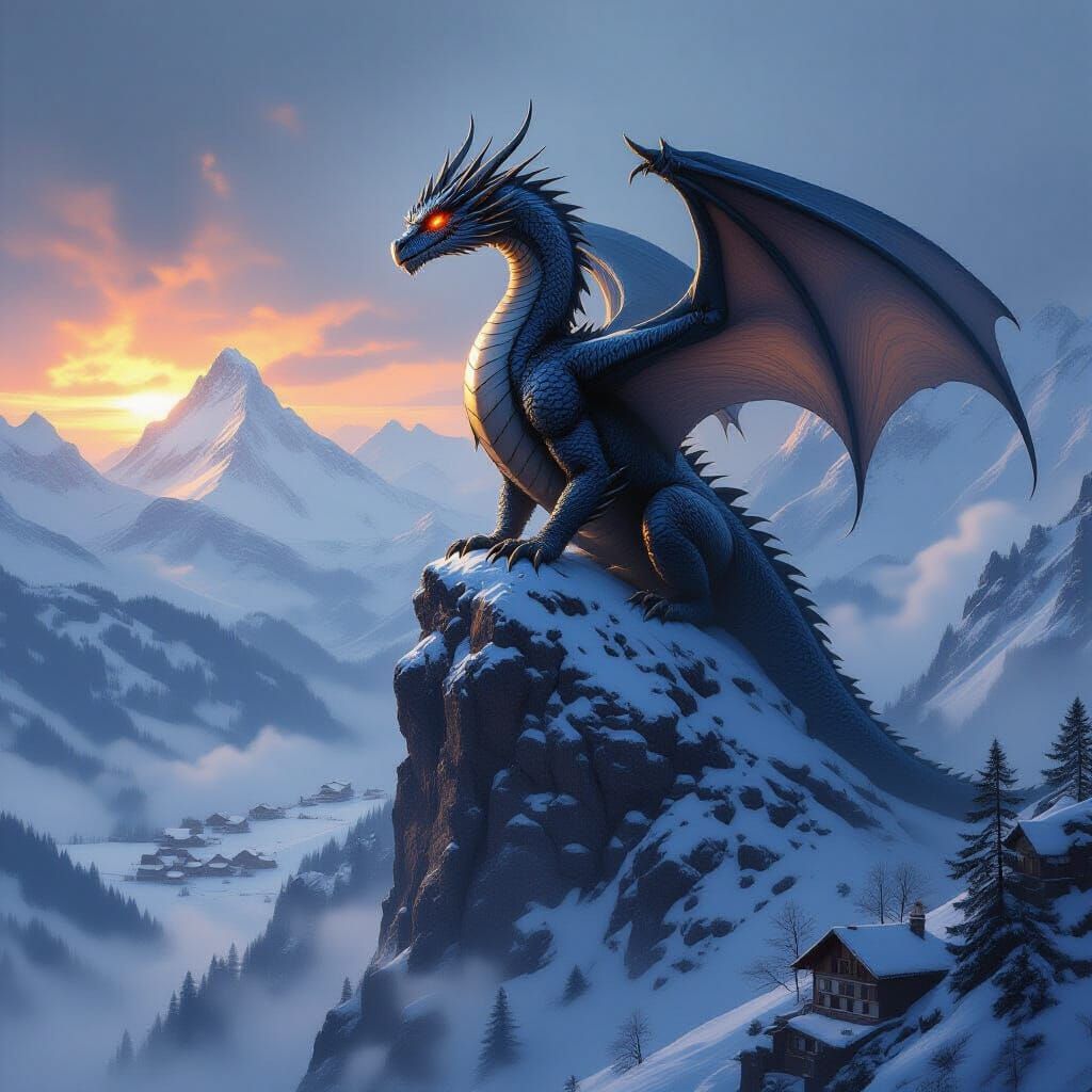 Ancient Obsidian Dragon on Snowy Alpine Peak
