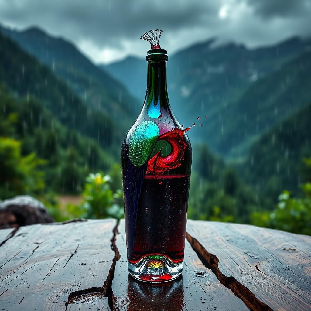 Peacock Wine Bottle in Stormy Weather