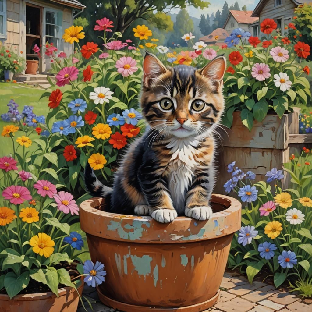 Kitten in Flowerpot: Oil Painting by Gurney