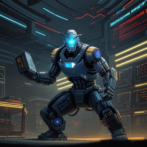 1. Pixel art character: a cybernetic warrior in a high-tech lab, sparks flying from malfunctioning machinery. 16-bit ret...