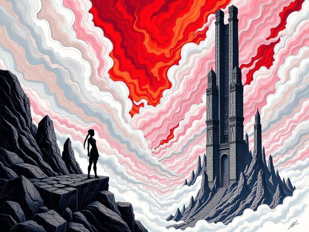 Cyborg Overseeing Ruined Tower in Stark Ink Style