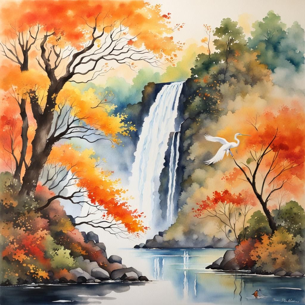 Autumn Waterfall Scene in Watercolor Style