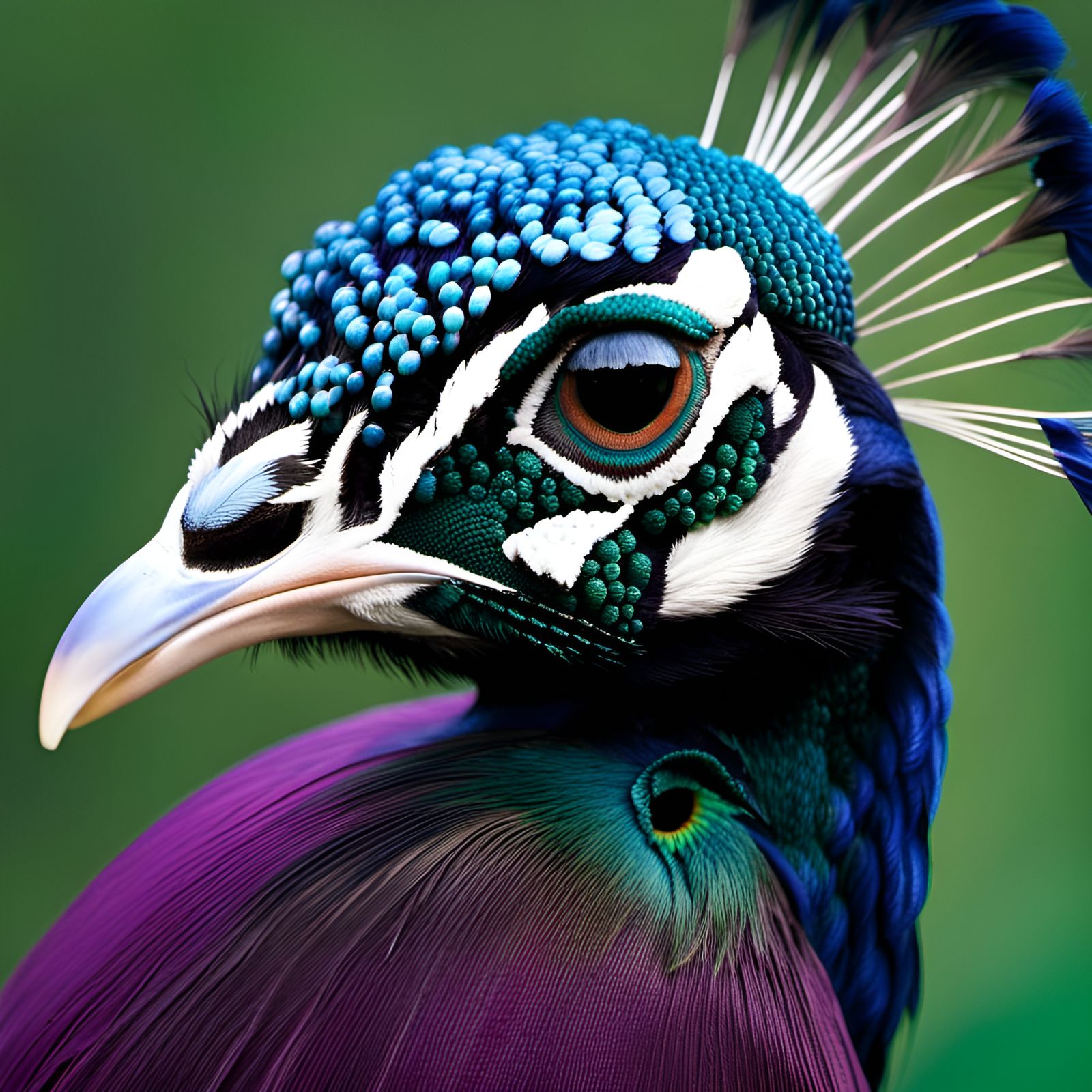 Realistic Peacock Portrait in Dark Purple and Green
