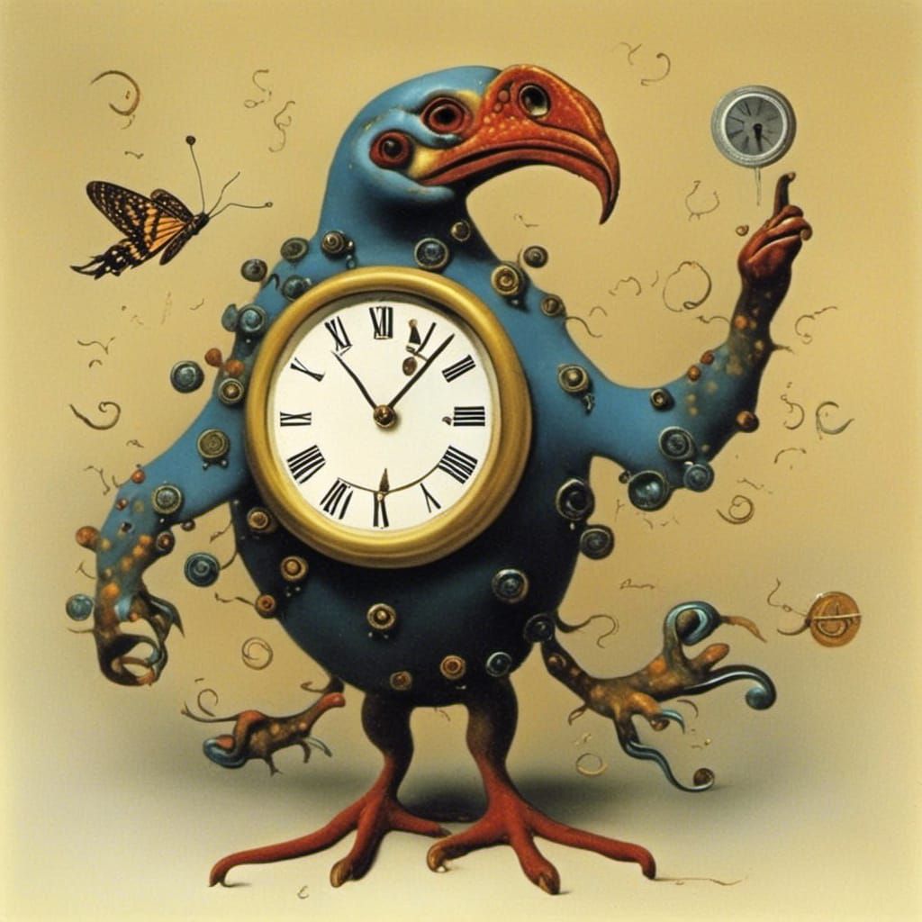 Clock-Holding Creature Illustration