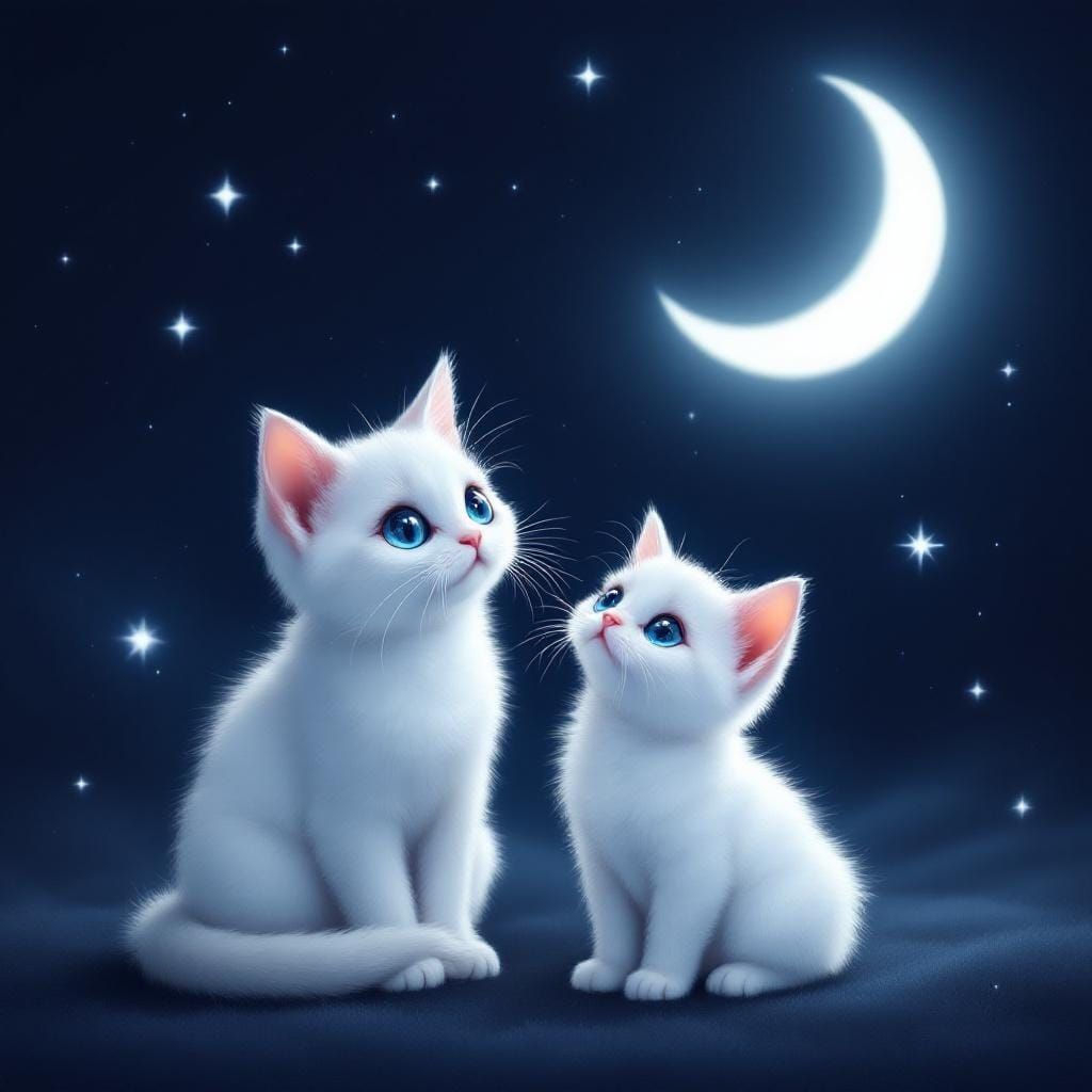 Cute Munchkin Cat and Kitten Under Starry Night Sky