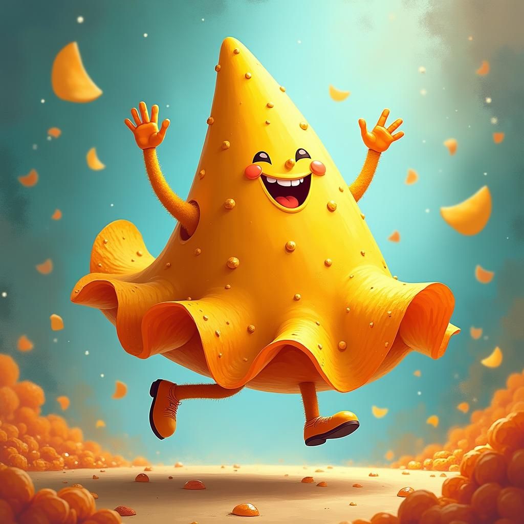 Dancing Cheese Corn Chip in a Whimsical Dreamscape