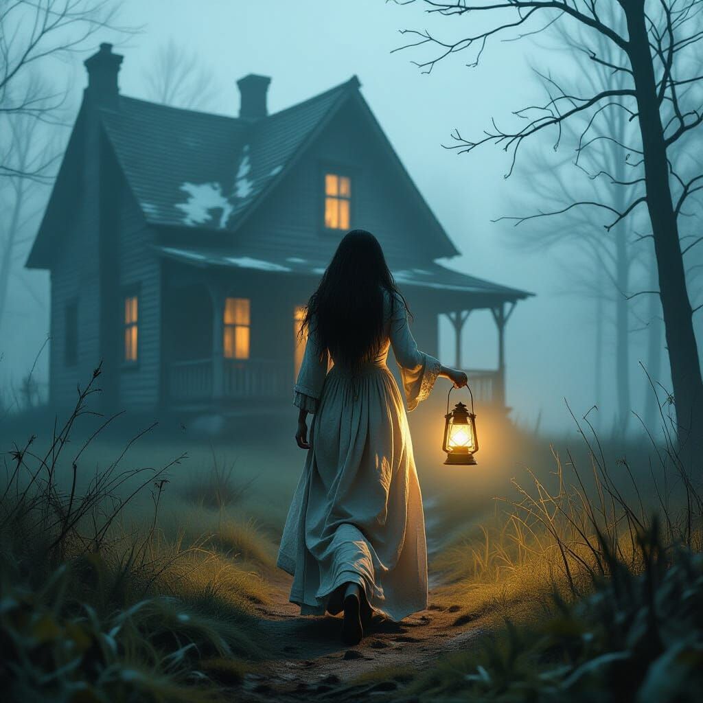 Ethereal Woman with Lantern Enters Farmhouse