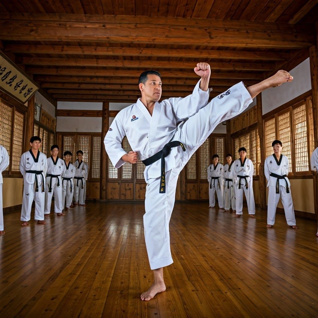 Taekwondo Master Demonstrates Powerful Kick in Dojang