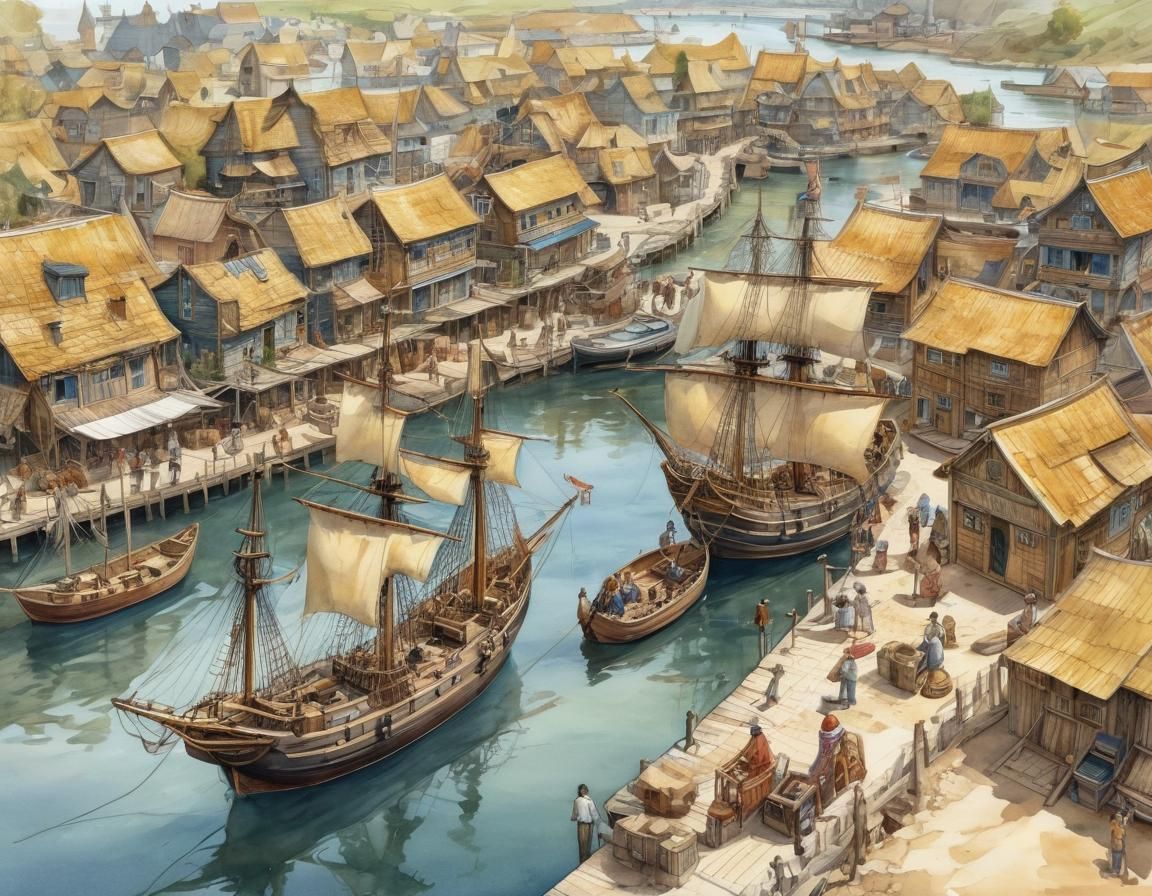 Royal Galleon in Whimsical Watercolor Village