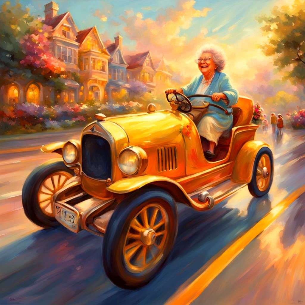 Granny Drives a Race Car in Kinkade Style