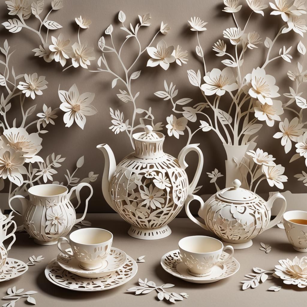 Intricate Kirigami Paper Art: Tea Service and Flowers