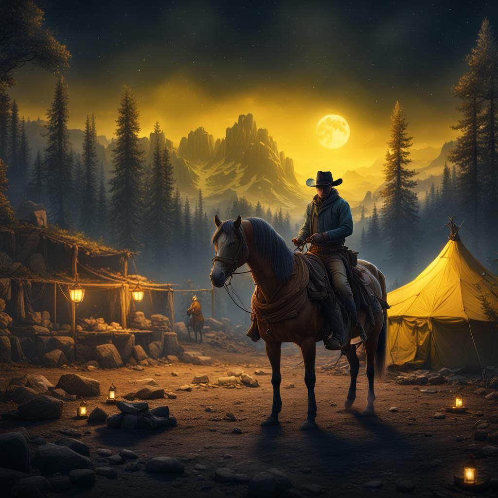 Cowboy and Yellow Horse at Night: Detailed Matte Painting