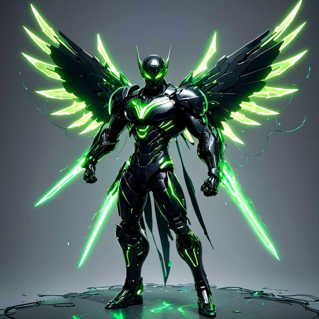 Cybernetic Superhero with Glowing Wings in Anime Style