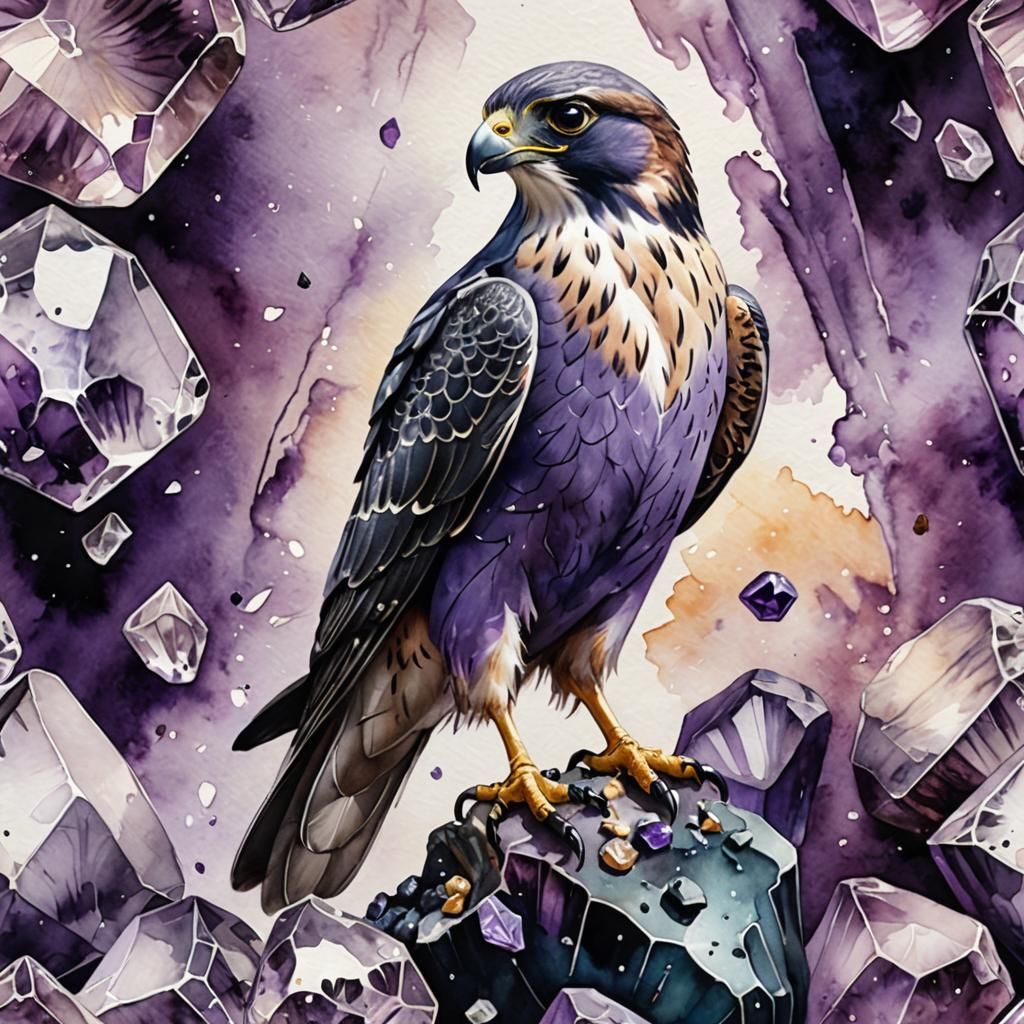 Regal Falcon on Amethyst Crystal in Watercolor