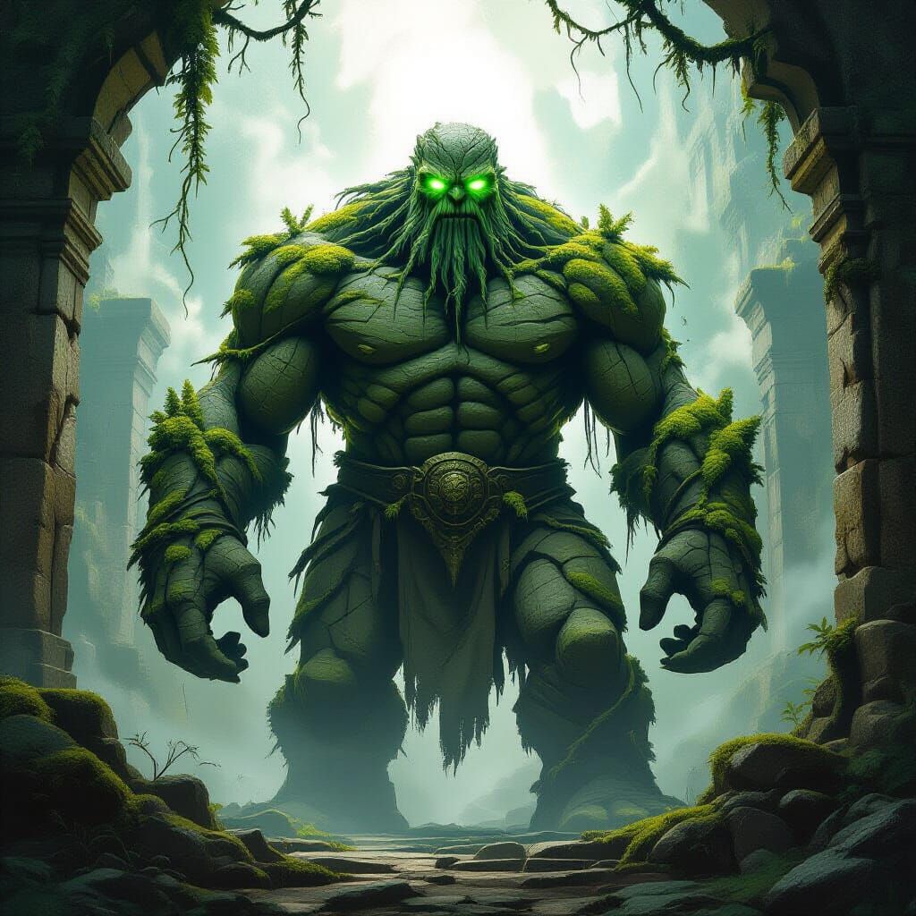 Stoic Stone Golem Guards Ancient Temple in Dark Fantasy Styl...