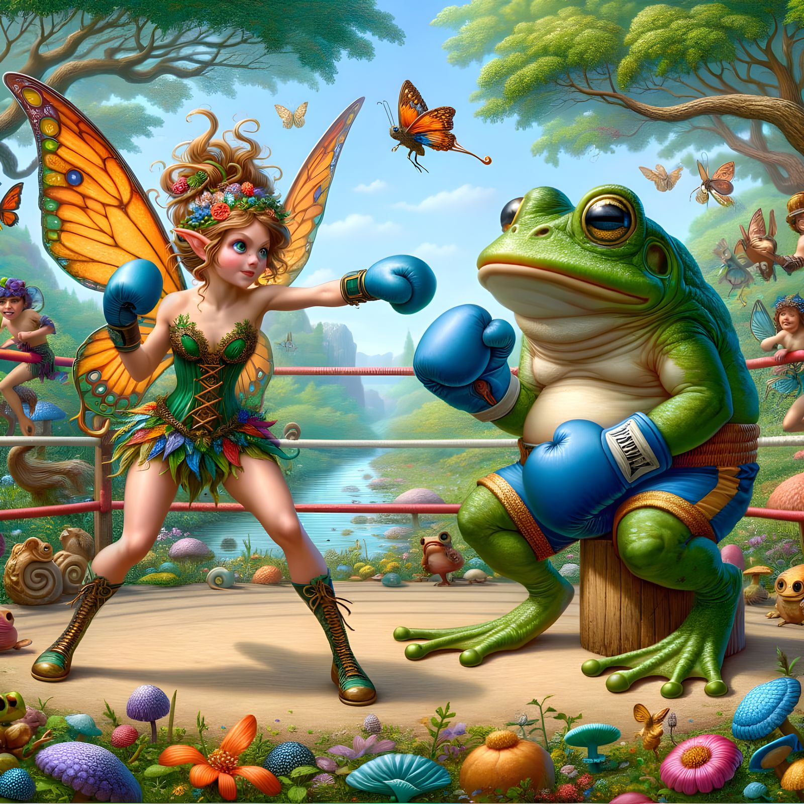 Fairy and Frog Sparring in a Magical Glade