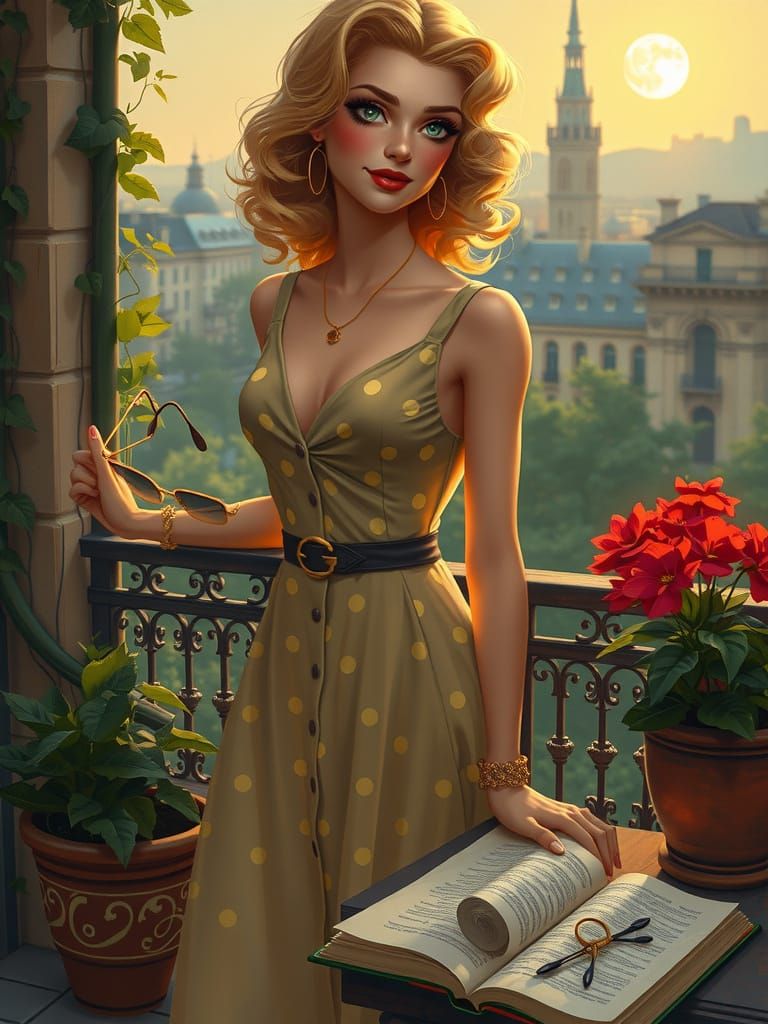 Blonde Woman on Balcony in Tim Burton Cartoon Style