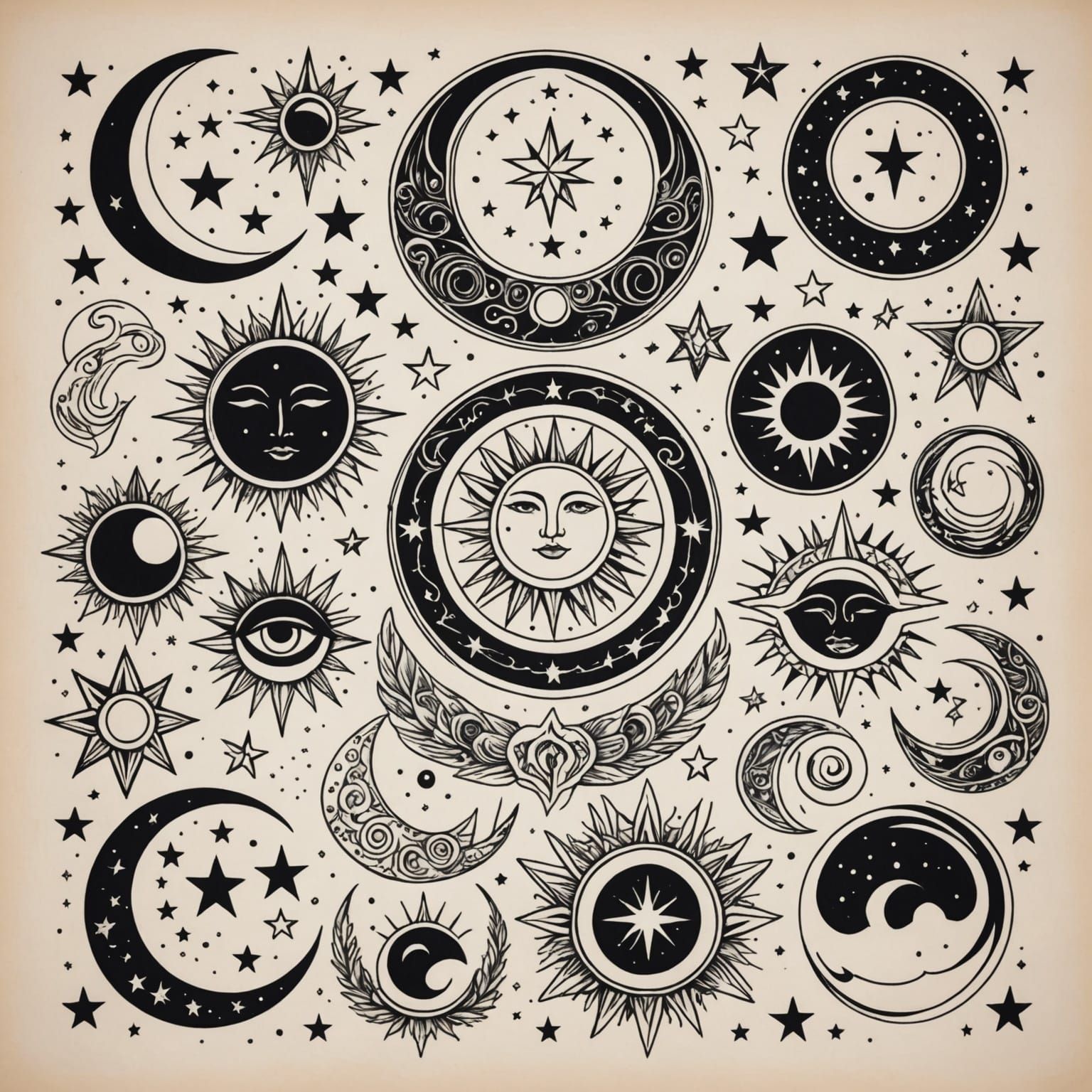 Mystical Tattoo Flash Sheet with Celestial Designs