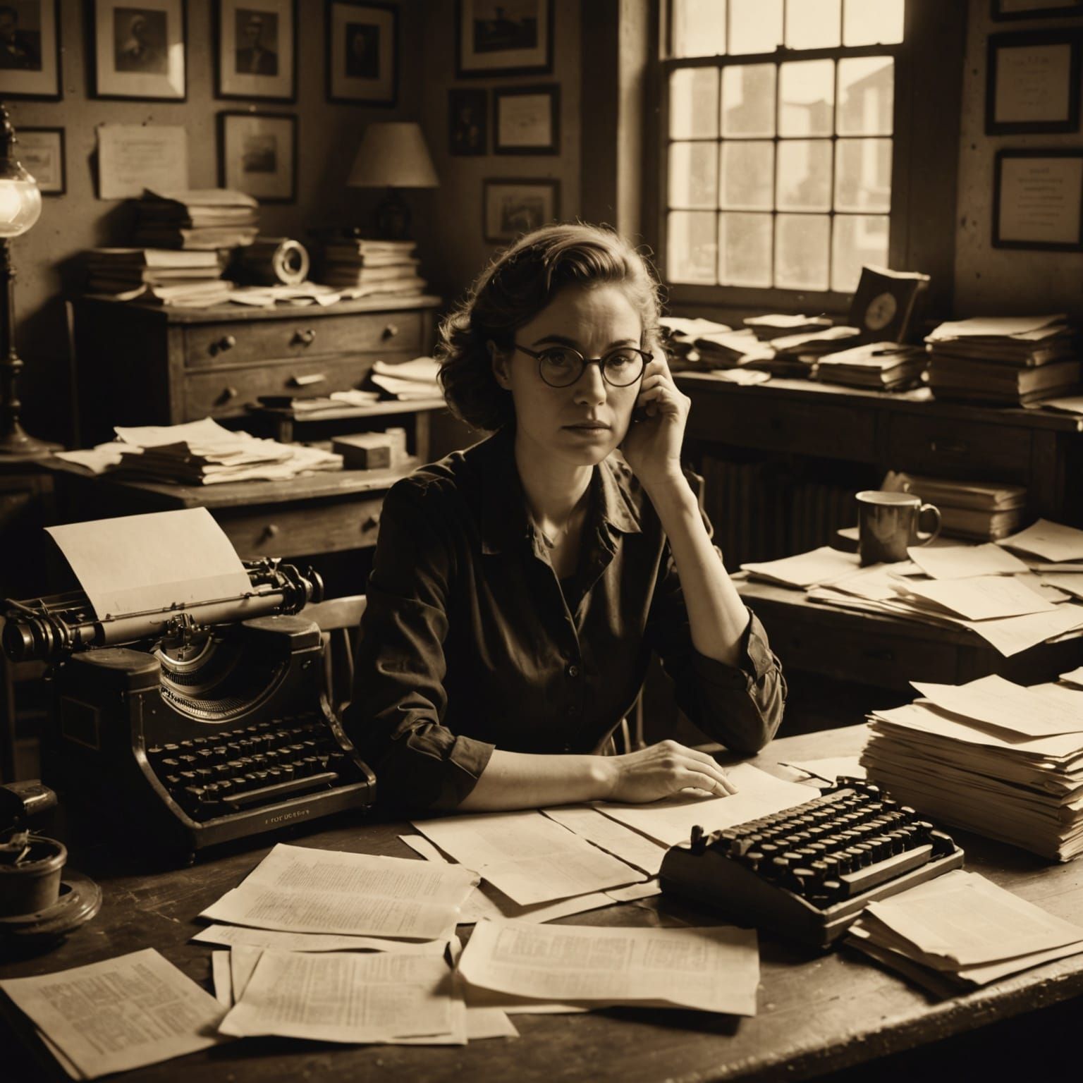 Nostalgic Sepia Film Still of Secretary at Desk