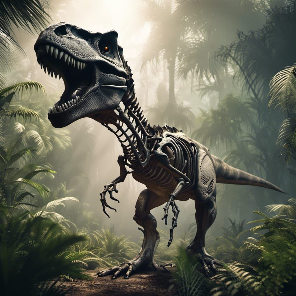 T-Rex Skeleton in Jungle: Hyperrealistic 3D Render
