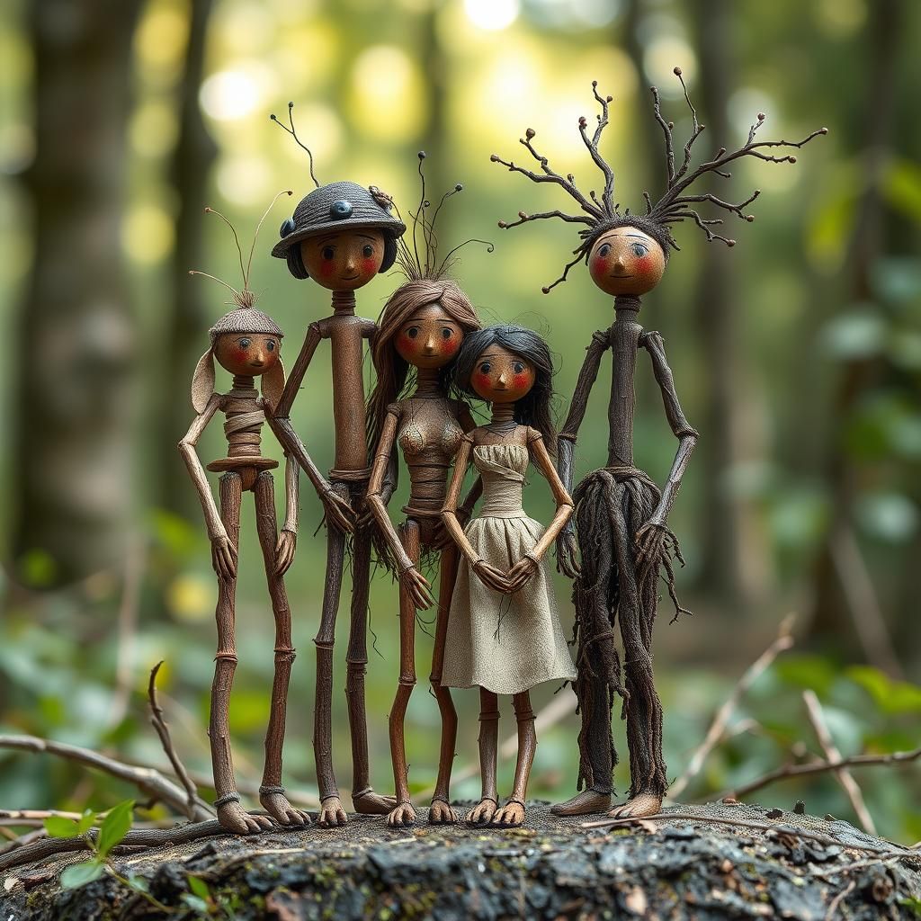 Stick Figure Family Crafted from Forest Elements