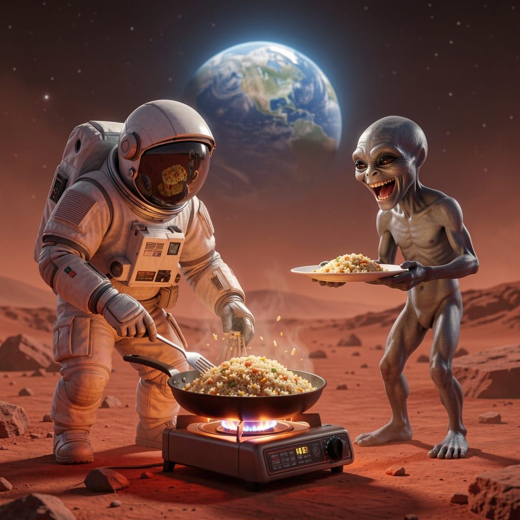 Astronaut and Alien Share Fried Rice on Mars