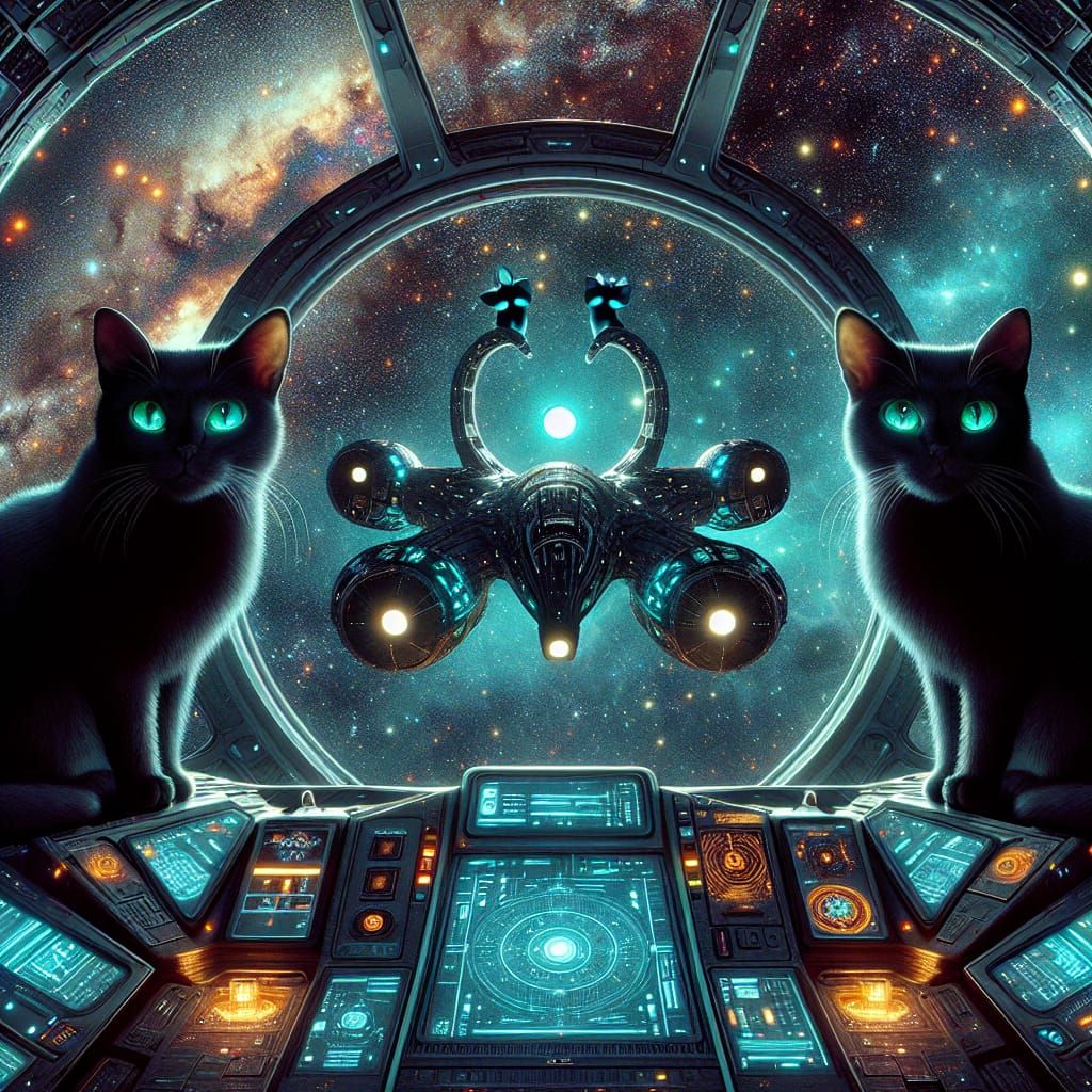 Felines Observe Mouse-Shaped Spacecraft in Neon Cosmos