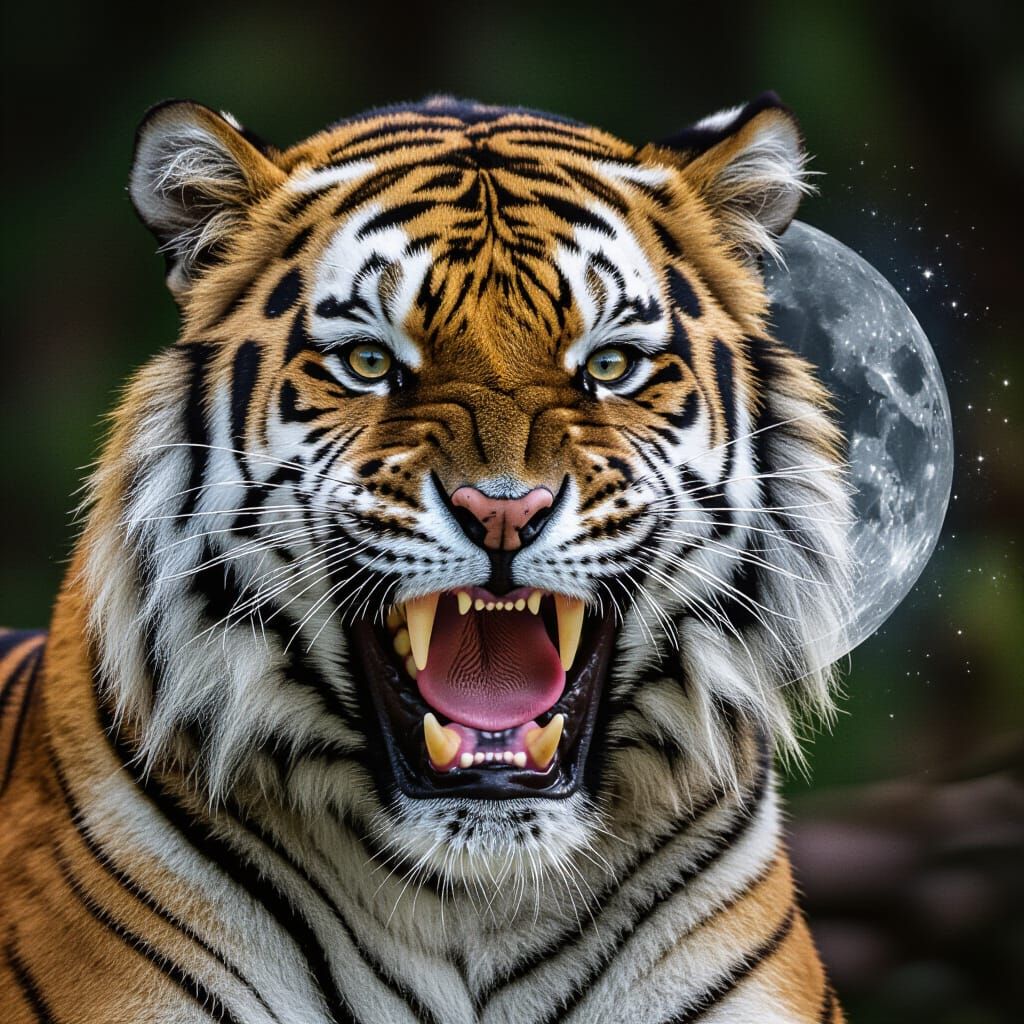 Double Exposure Tiger Reveals Moon and Stars