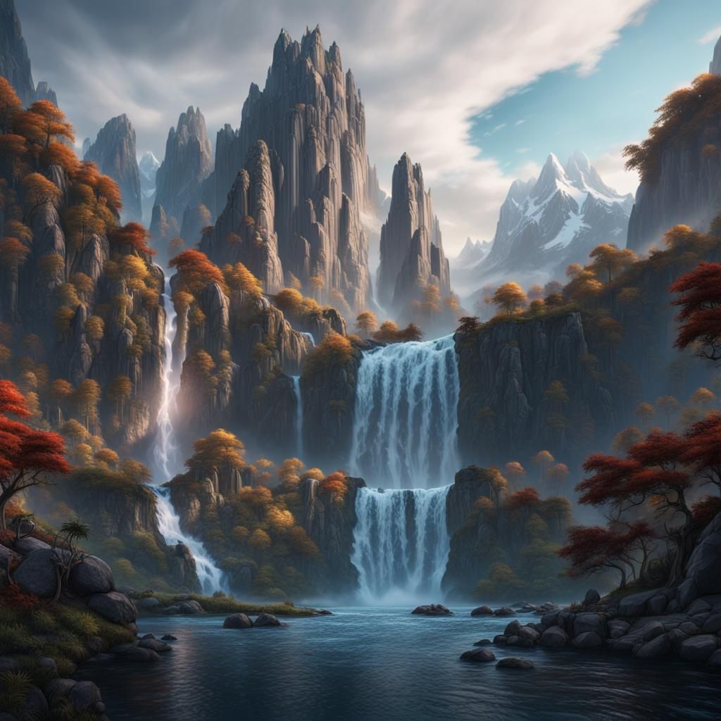 Fantastical Waterfall and Mountains in Deep Color