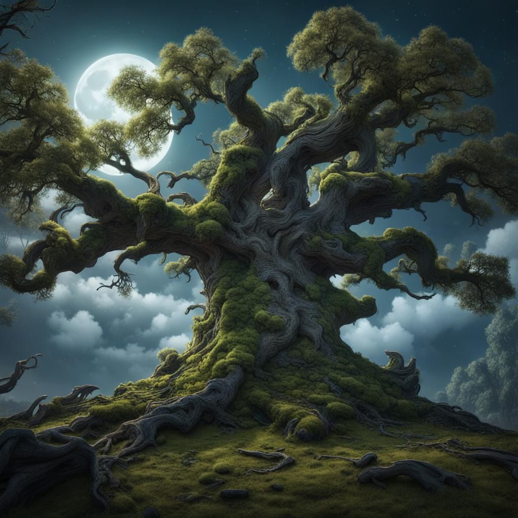 Old Oak Tree in Moonlight: Fantasy Concept Art