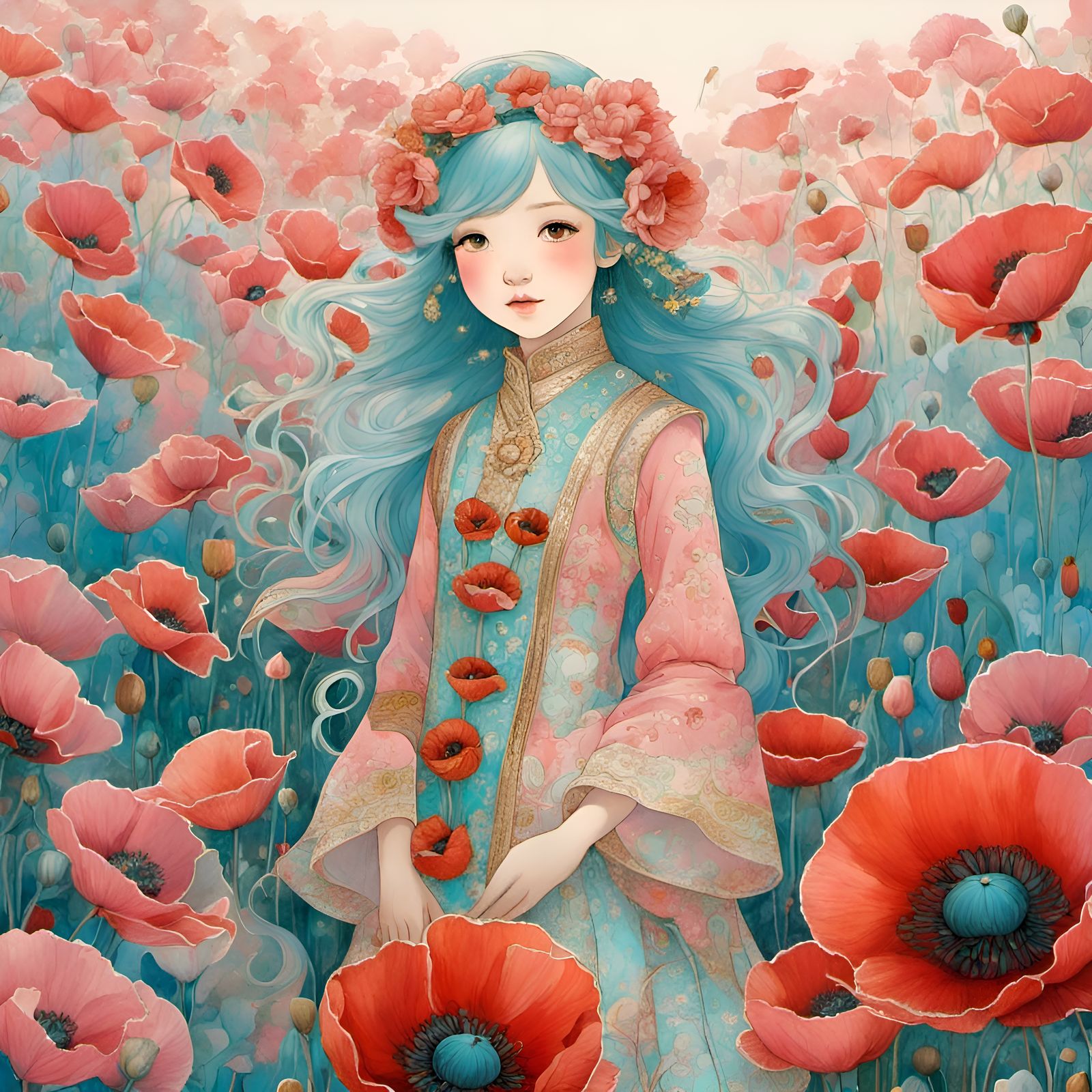 Poppy Princess in Watercolor Art Brut Style