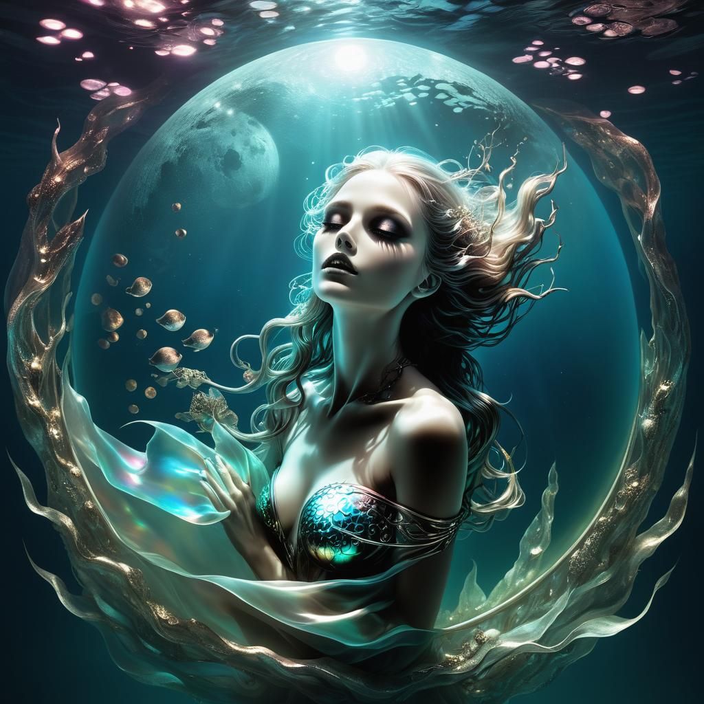 Underwater Full Moon in Biopunk Ethereal Style