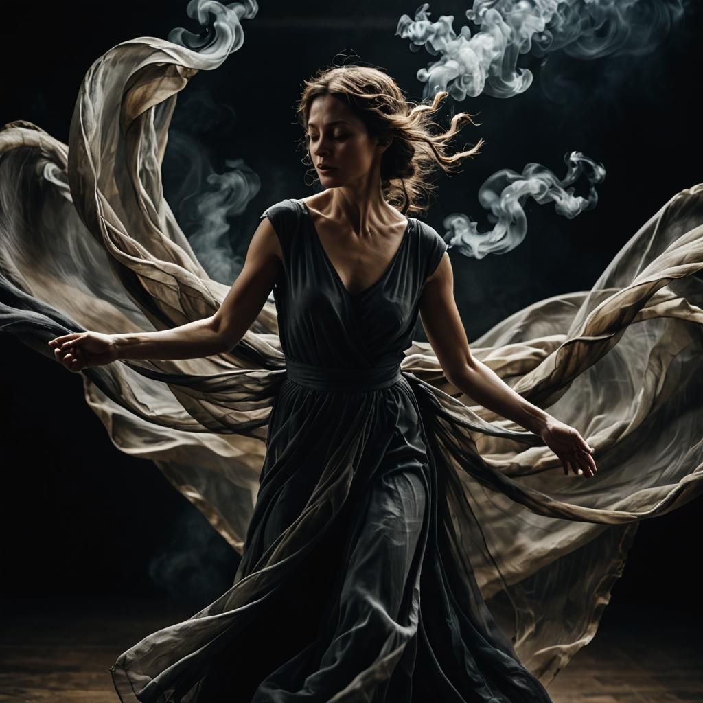 Woman Dancing in Post-Apocalyptic Cityscape, Cinematic Still