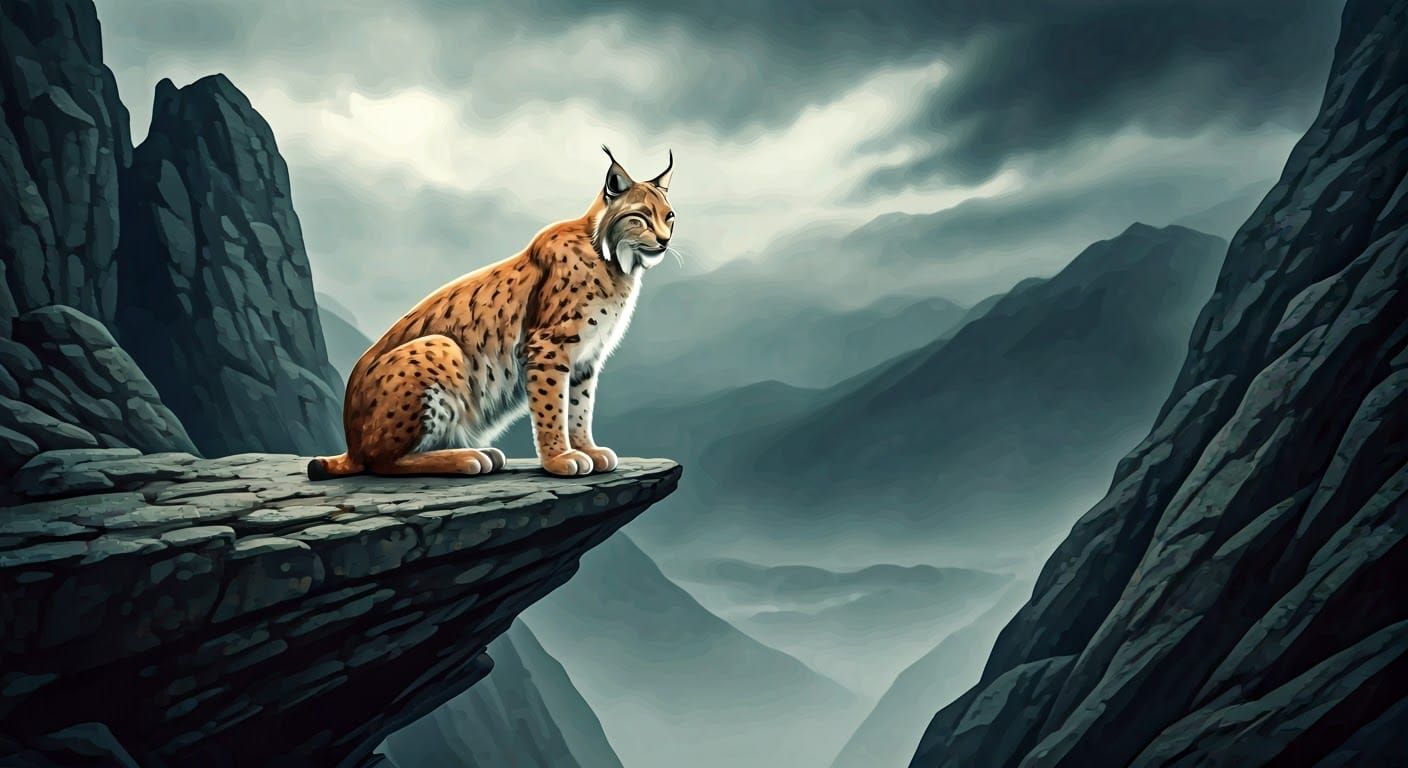 Lynx Perched on Misty Ledge in Watercolor Style