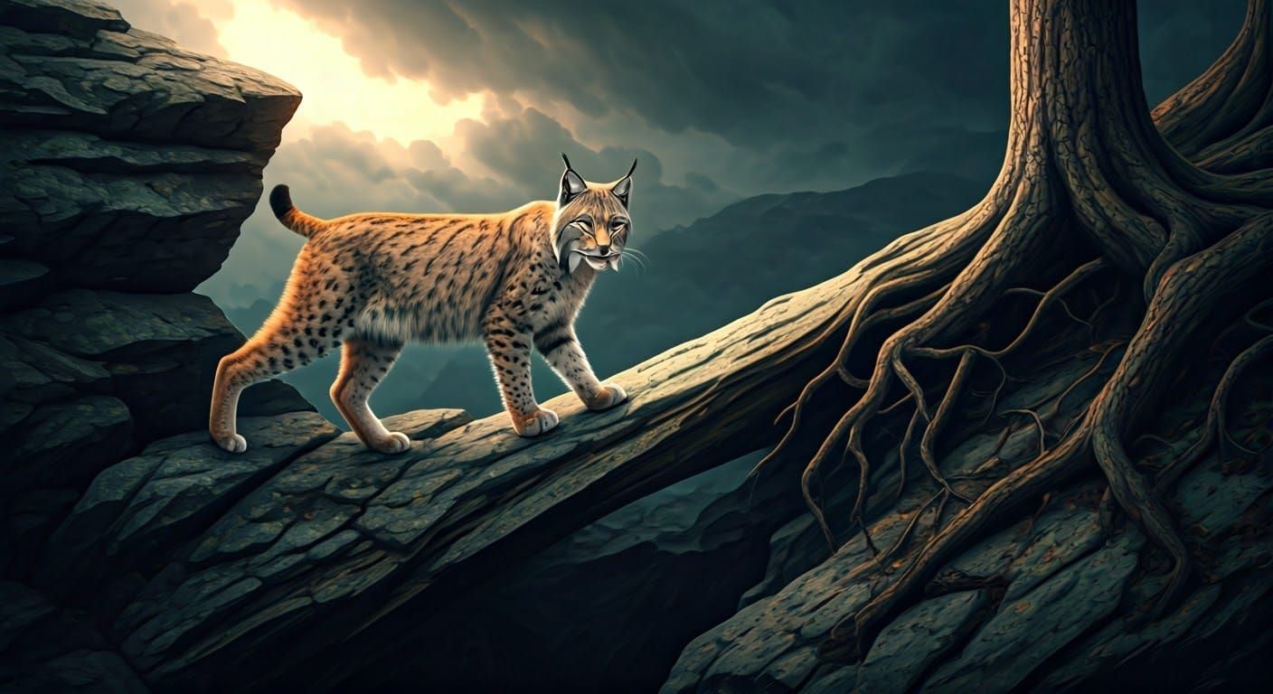 Lynx Surveys Kingdom from Rocky Cliffside
