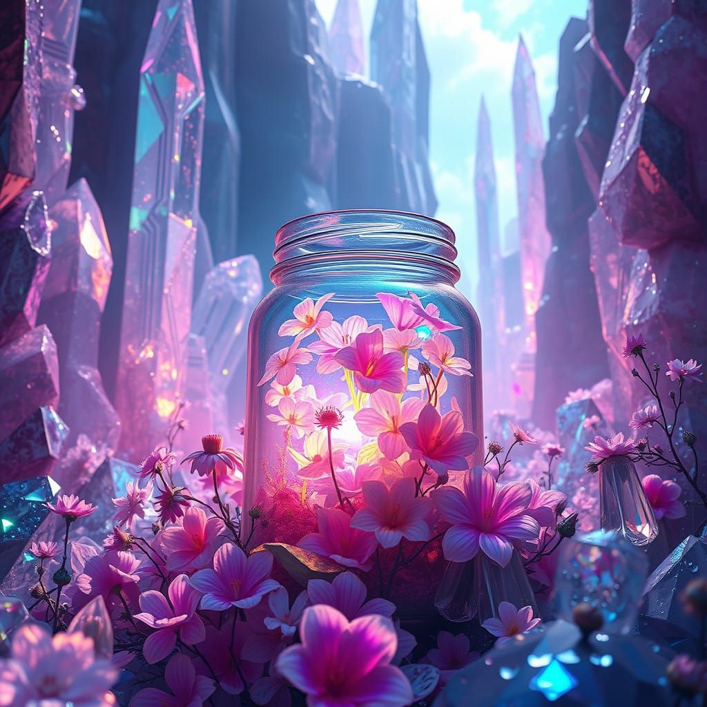 Glowing Crystal Forest in a Shimmering Iridescent Jar